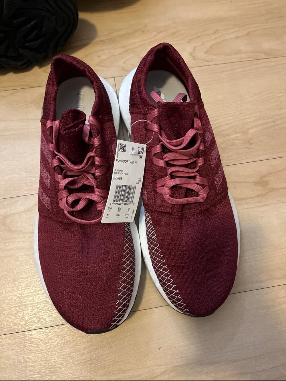 adidas mens Burgundy Knit Athletic Shoes with Pink Laces
